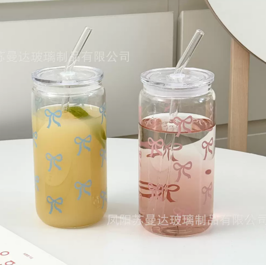 Cute Bow Glass Cup with Straw – Aesthetic Iced Coffee Tumbler
