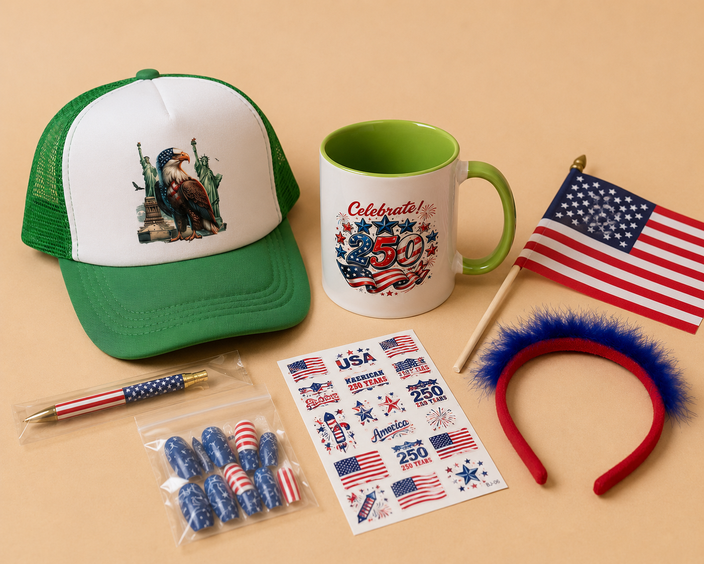 Patriotic USA Gift Set – Mug, Trucker Hat, American Flag, Press-On Nails, Pen, Stickers & Headband | 4th of July Gift Box