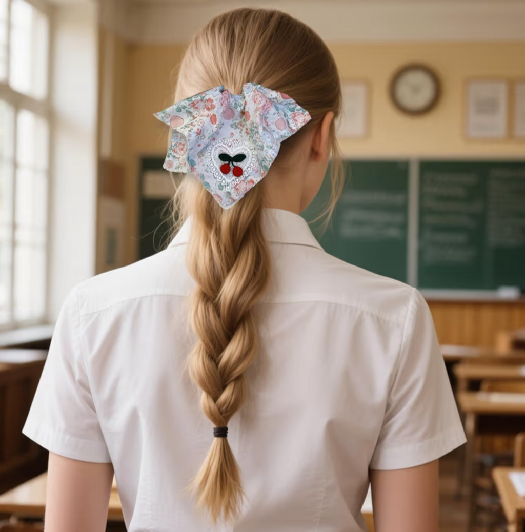 Vintage Floral Hair Scrunchie Bow | Cute Ribbon Ponytail Holder