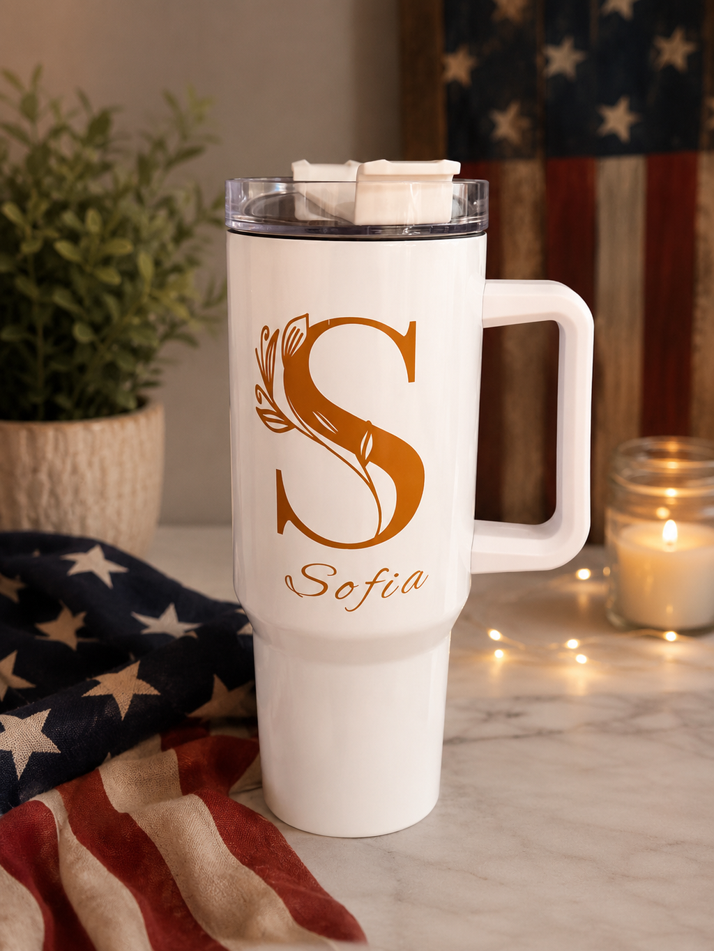 Personalized 40oz Tumbler with Handle | Custom Name & Initial Travel Mug | Stainless Steel Insulated Cup Gift