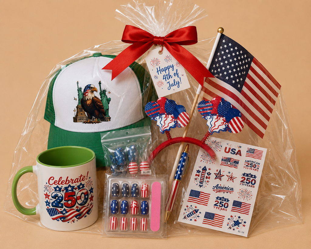 Patriotic USA Gift Set – Mug, Trucker Hat, American Flag, Press-On Nails, Pen, Stickers & Headband | 4th of July Gift Box