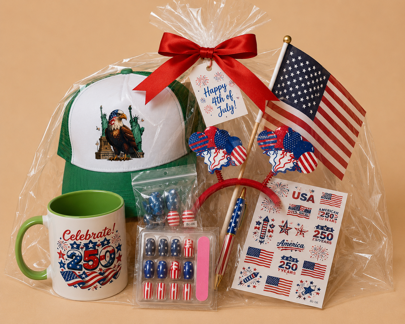 Patriotic USA Gift Set – Mug, Trucker Hat, American Flag, Press-On Nails, Pen, Stickers & Headband | 4th of July Gift Box