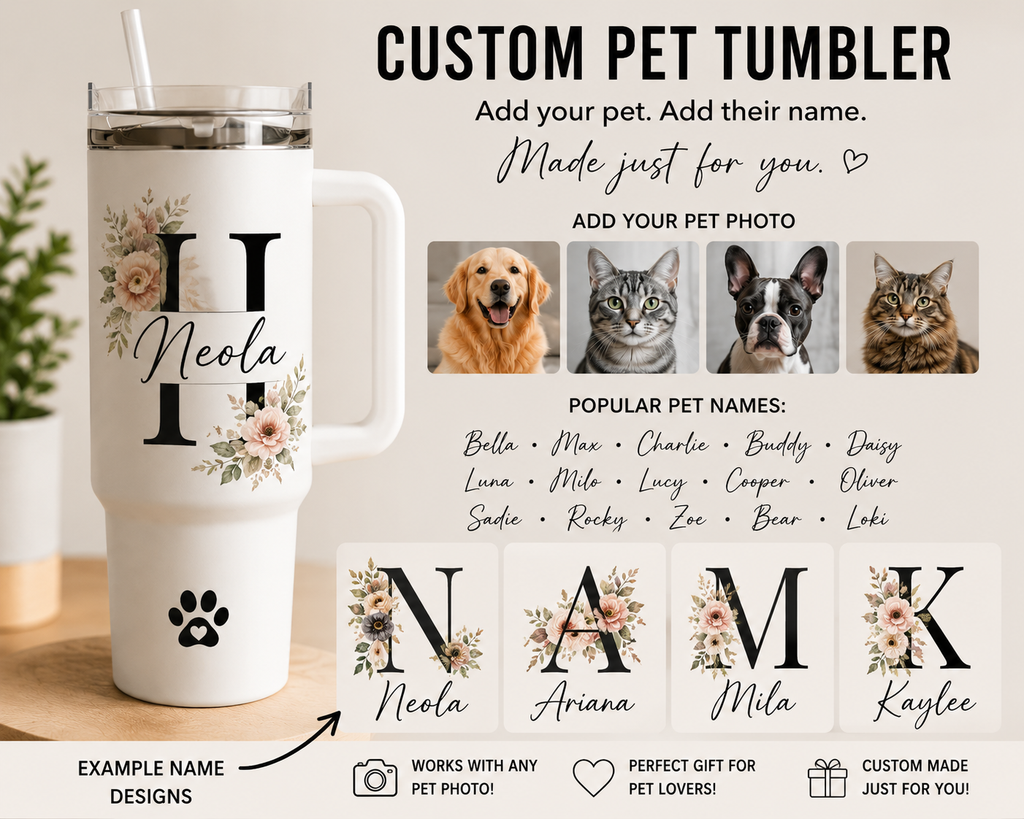 Personalized 40oz Tumbler with Handle | Custom Name & Initial Travel Mug | Stainless Steel Insulated Cup Gift