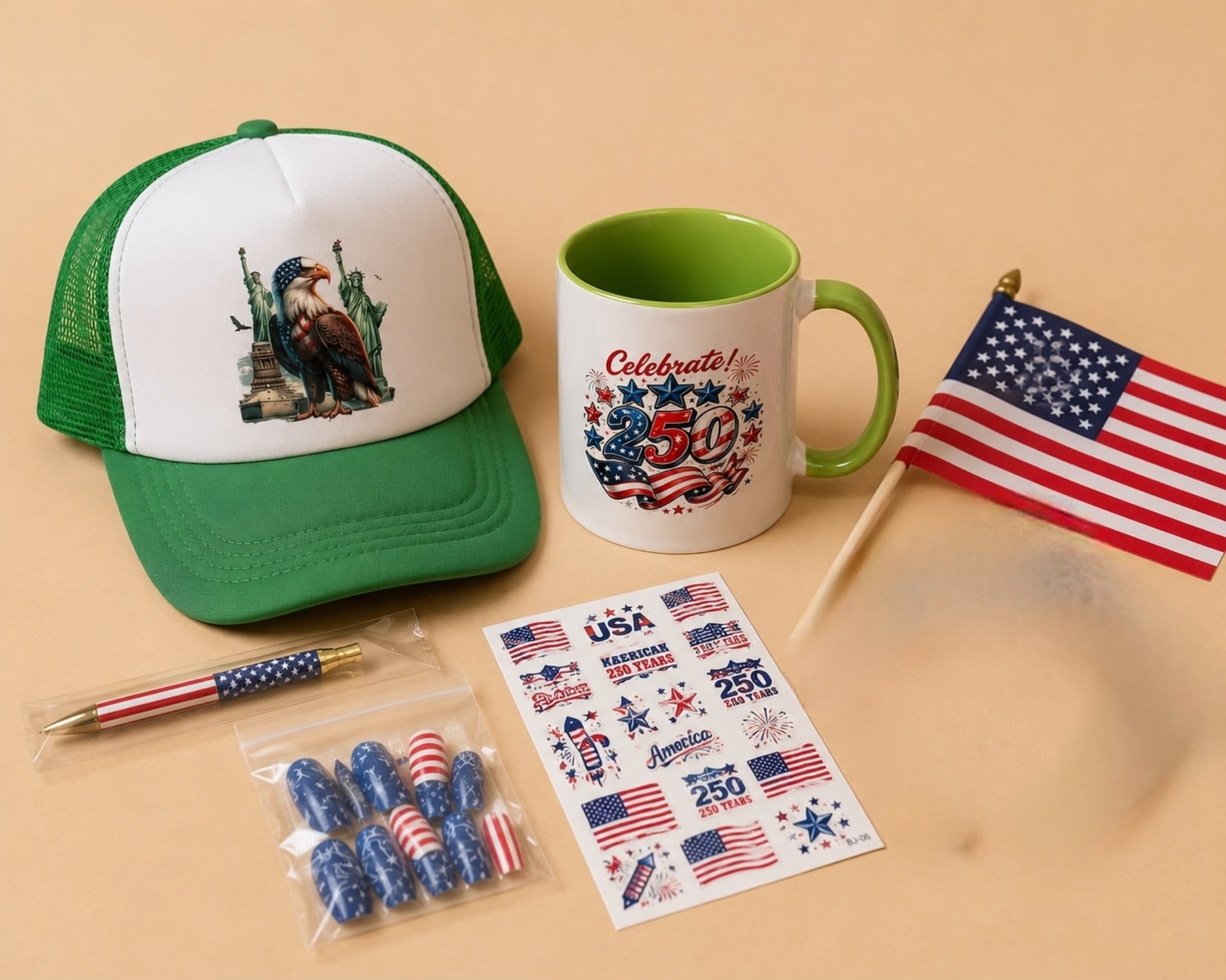 Patriotic USA Gift Set – Mug, Trucker Hat, American Flag, Press-On Nails, Pen, Stickers & Headband | 4th of July Gift Box