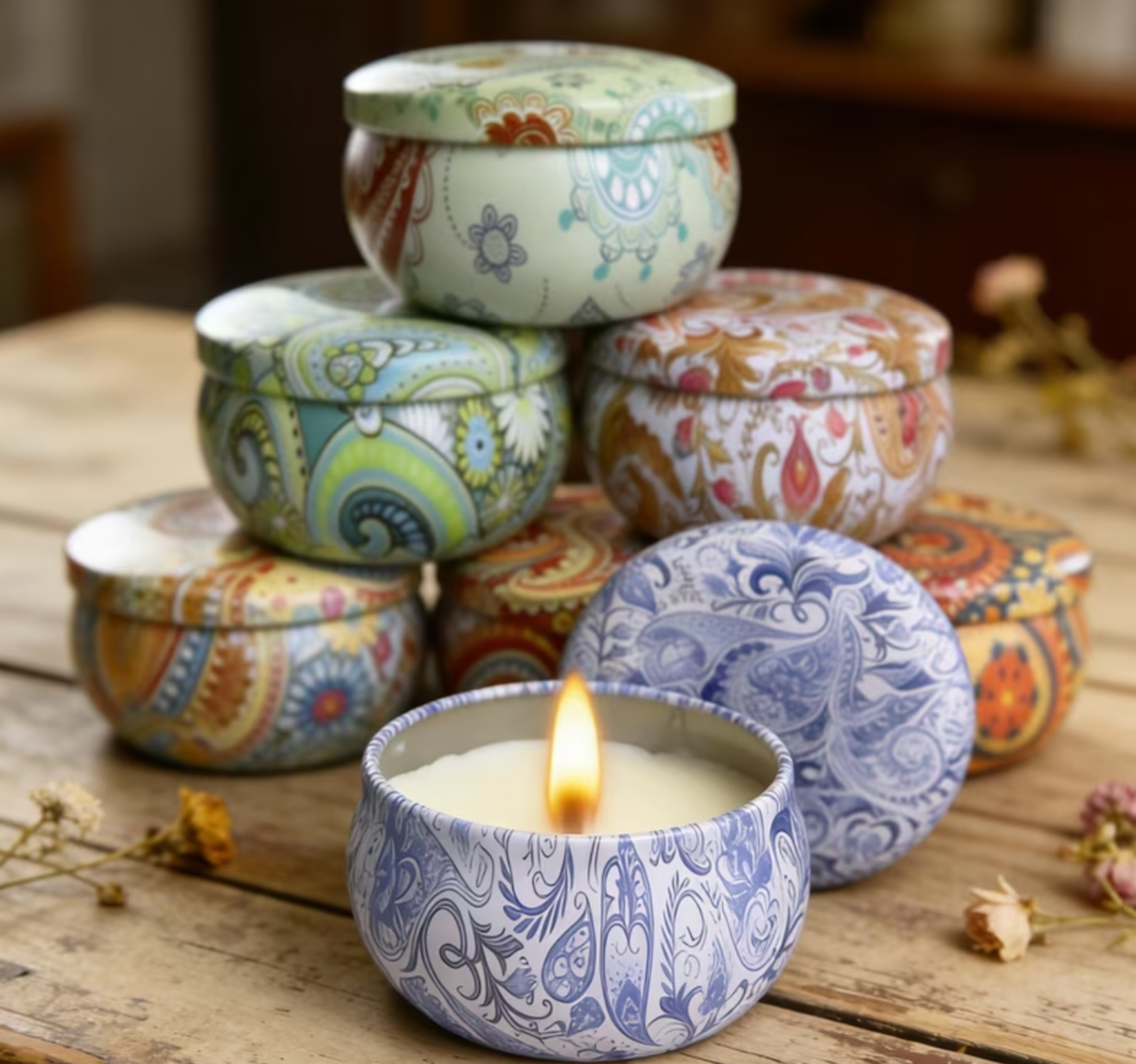 Vintage Boho Candle Tin | Cozy Room Decor Candle
