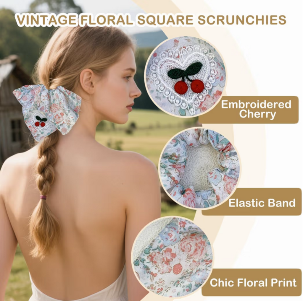 Vintage Floral Hair Scrunchie Bow | Cute Ribbon Ponytail Holder