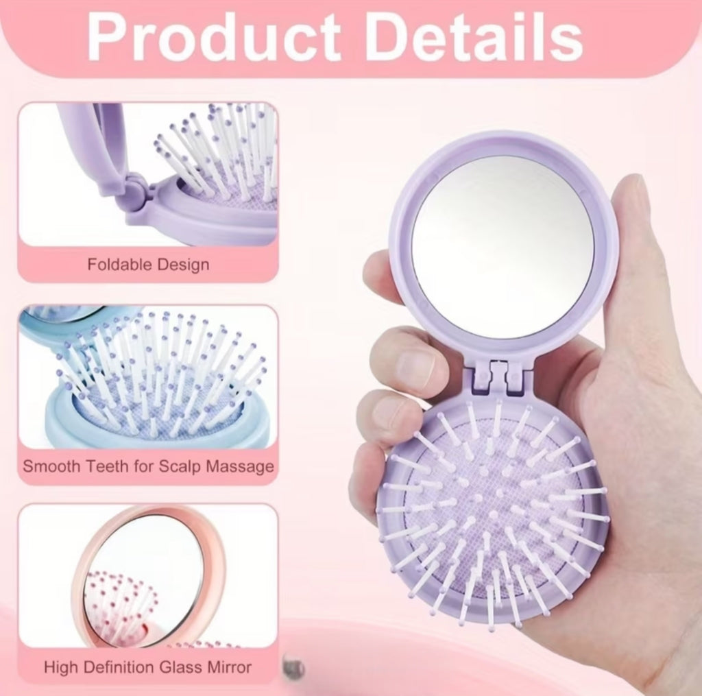 Mini Foldable Hair Brush with Mirror