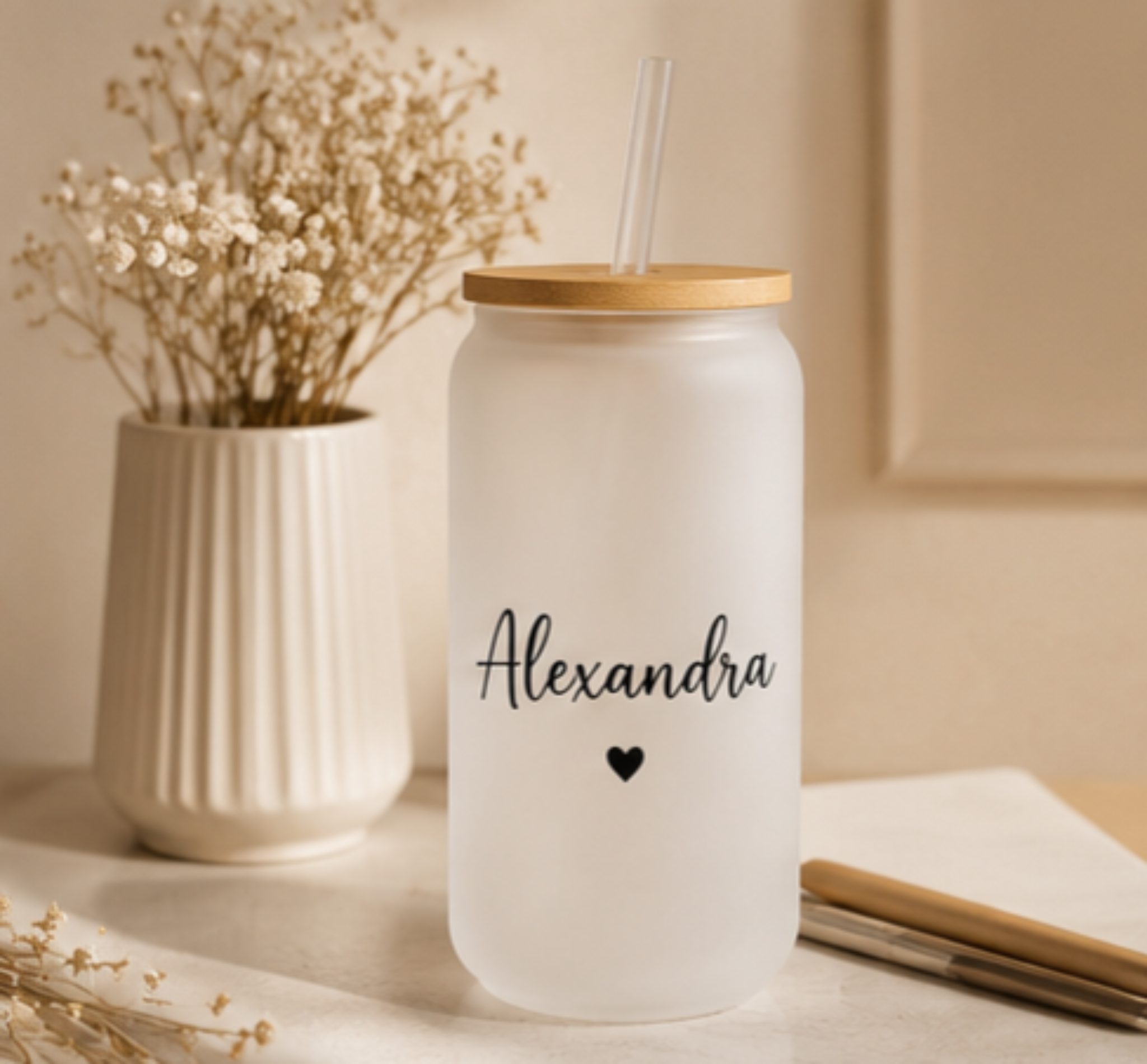 Custom Frosted Glass Cup with Lid & Straw – Personalized Aesthetic Tumbler