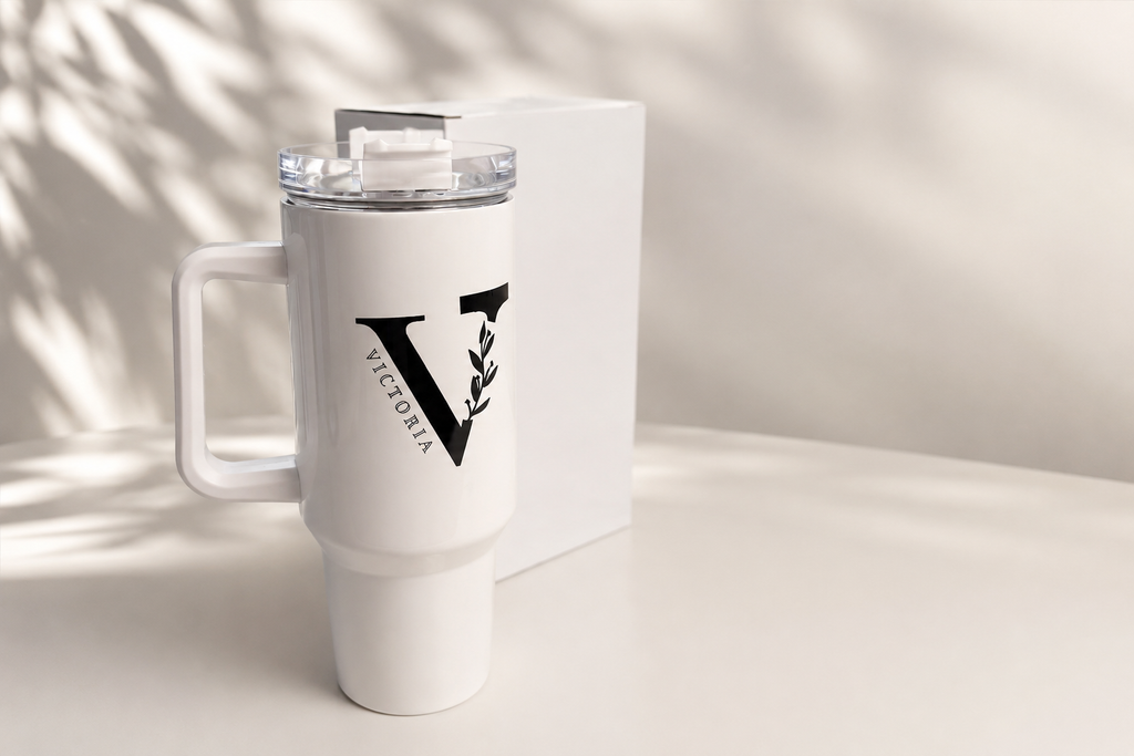 Personalized 40oz Tumbler with Handle | Custom Name & Initial Travel Mug | Stainless Steel Insulated Cup Gift