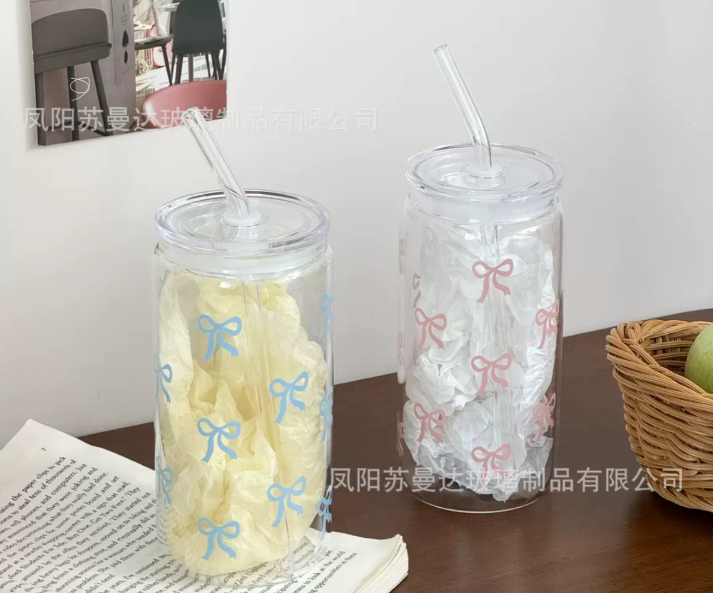 Cute Bow Glass Cup with Straw – Aesthetic Iced Coffee Tumbler