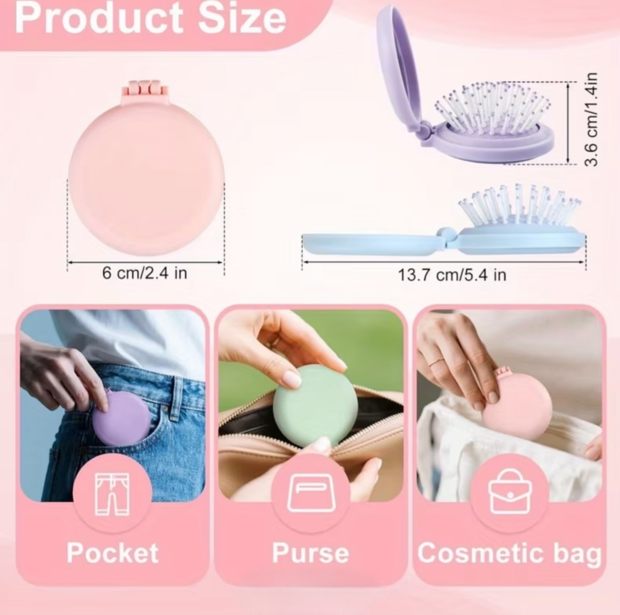 Mini Foldable Hair Brush with Mirror