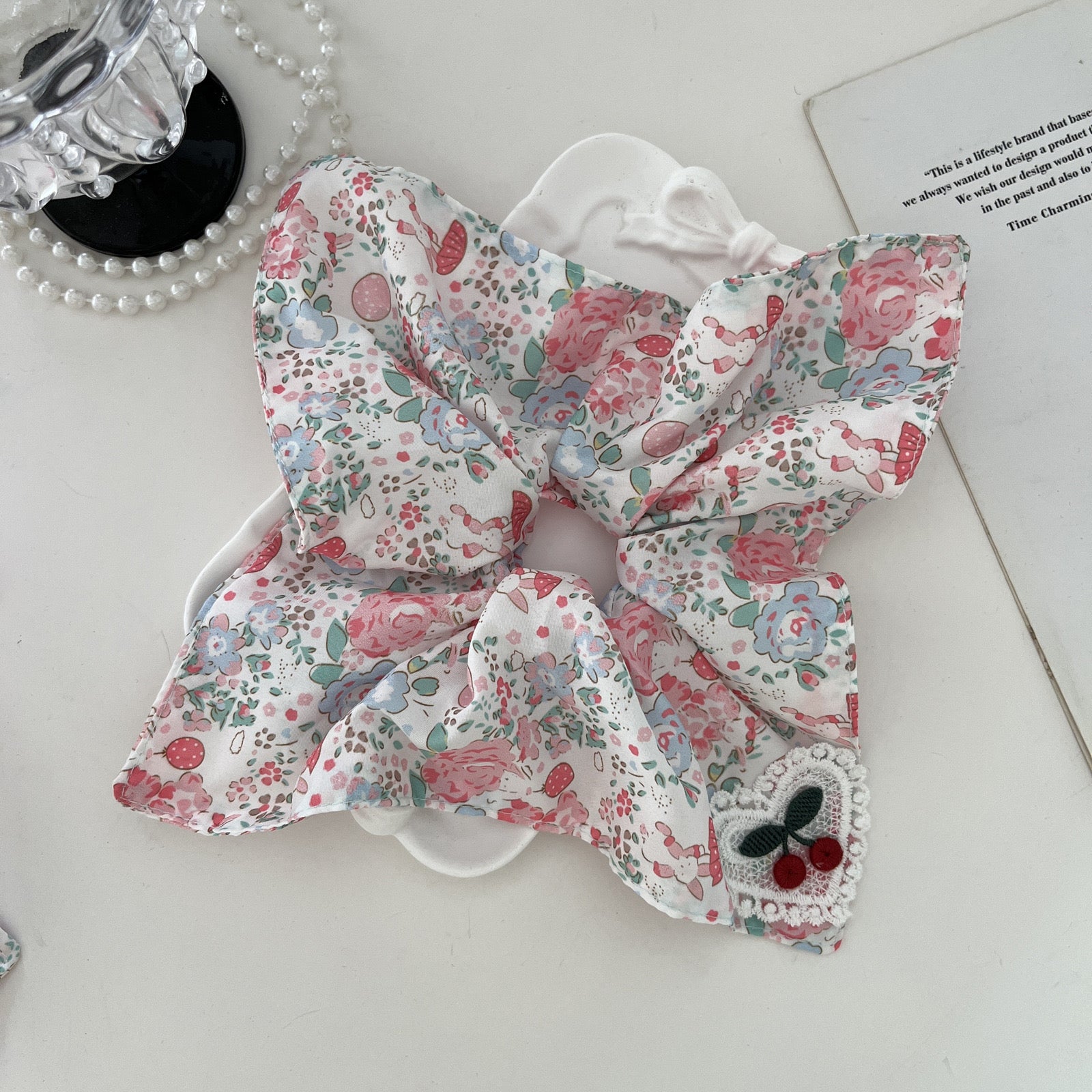 Vintage Floral Hair Scrunchie Bow | Cute Ribbon Ponytail Holder