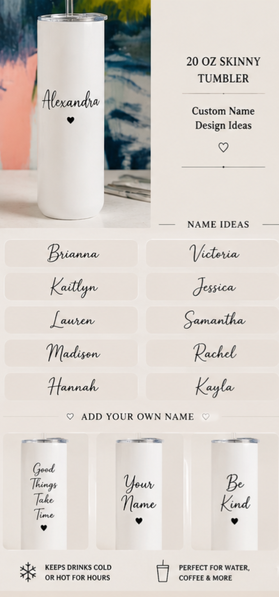 Personalized 20 oz Stainless Steel Tumbler | Custom Name Tumbler | Custom Gift | Bridesmaid Gift | Teacher Gift